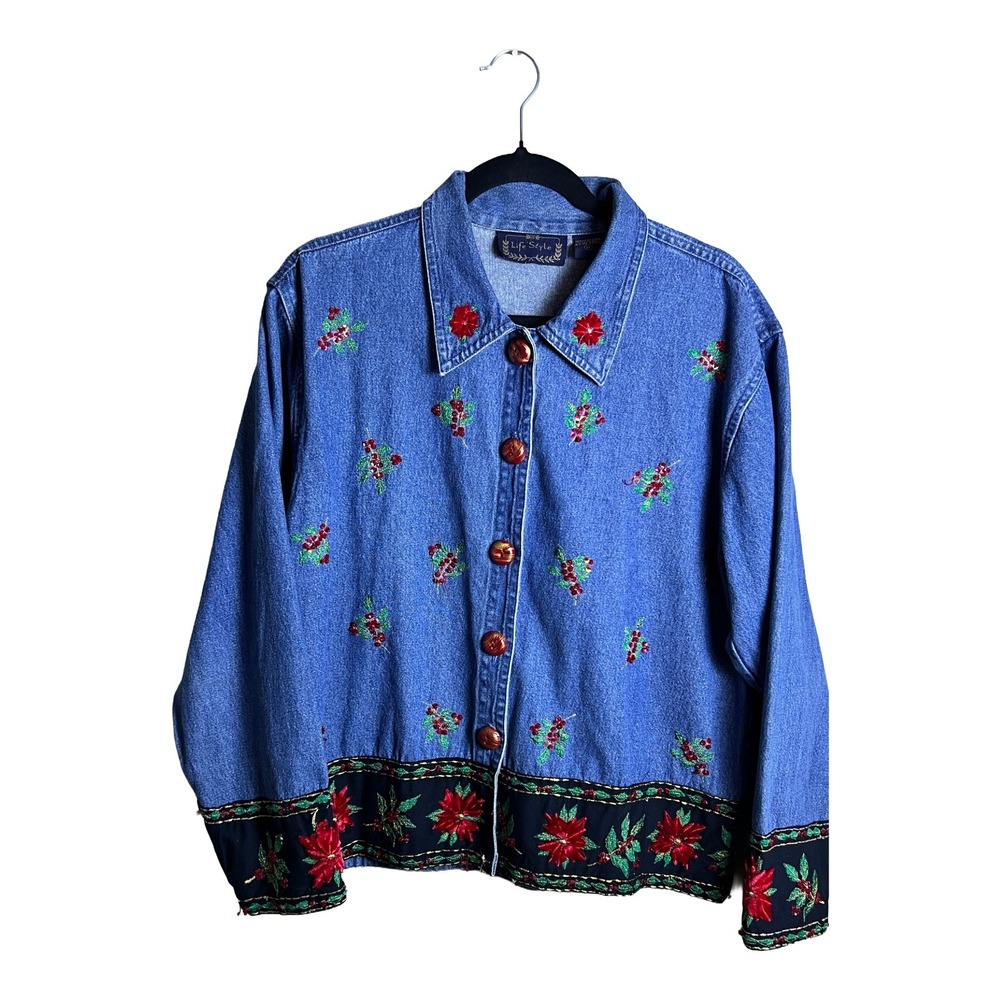 Life Style Denim Jacket 90s Women's M Christmas Poinsettia Vintage‎